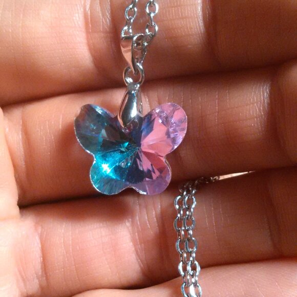 Mystic Color Crystal Brass Butterfly Pendant Stainless Steel Necklace - Picture 11 of 12